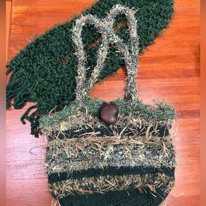 Boho style Set: Handknit/Felted purse with scarf in mass of greens & wild knits!
